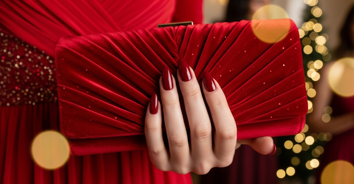 7 Stunning Dark Red Nail Polish with Red Dress Winter Holiday Party Looks That Turn Heads