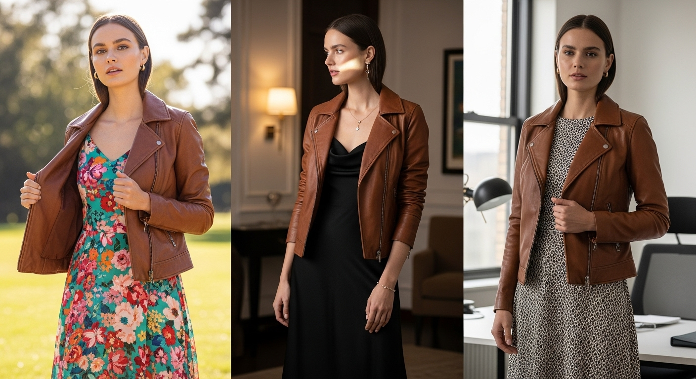 7 Stunning Brown Leather Jacket Dress Combinations You’ll Love