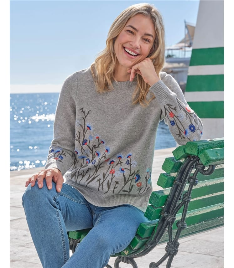 Floral Embroidered Cotton Sweaters for Women